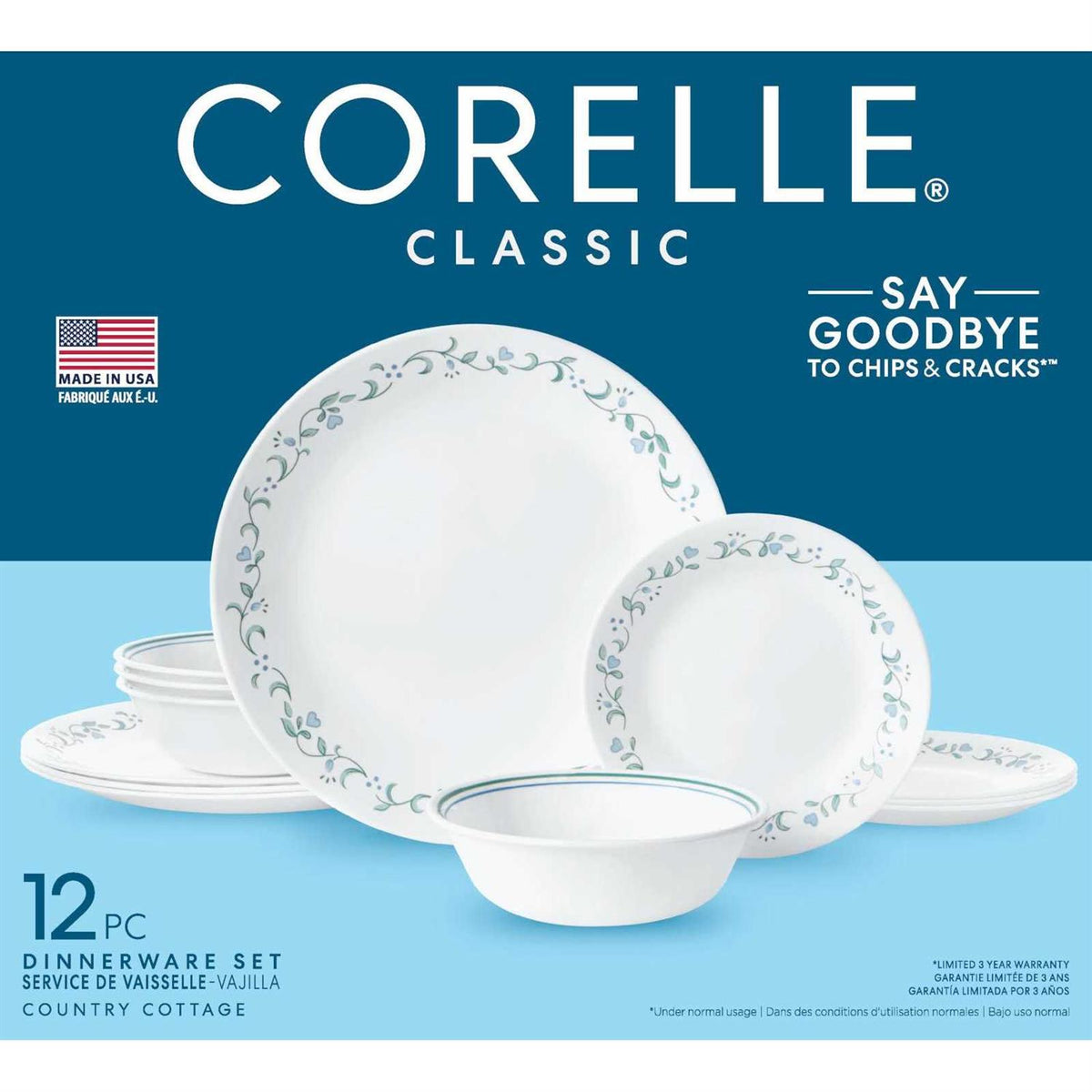 Corelle Country Cottage White and Blue 12 Piece Dinnerware Set